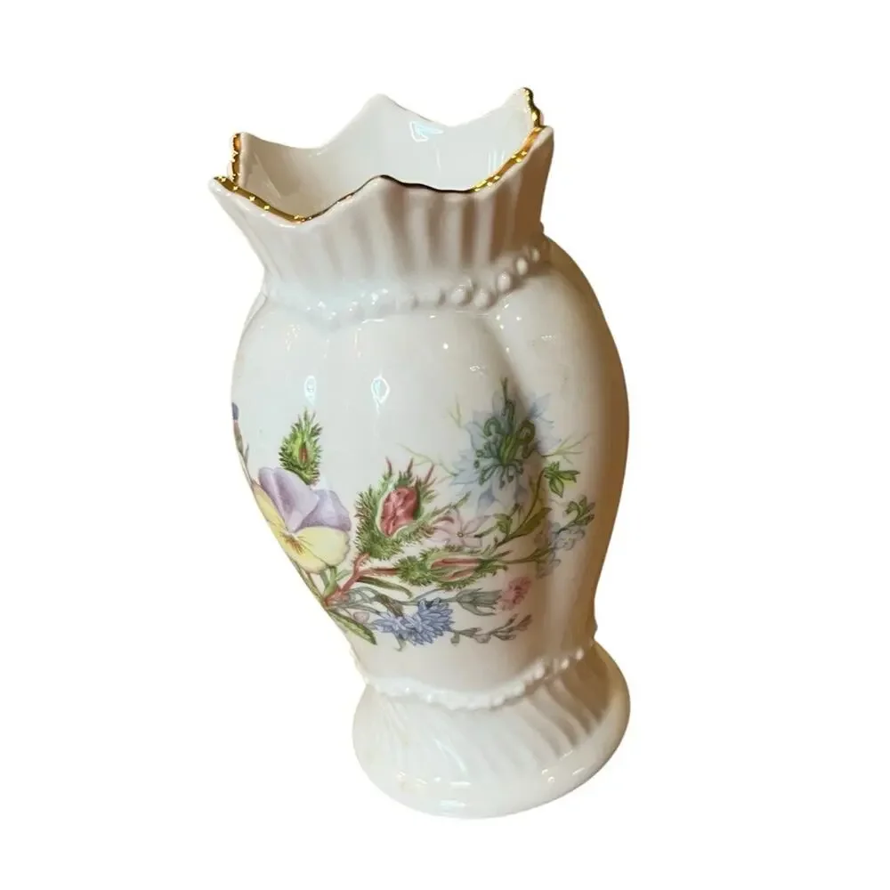 AYNSLEY WILD TUDOR VASE FINE BONE CHINA WINDSOR VASE Floral 4.5” Gold Trim